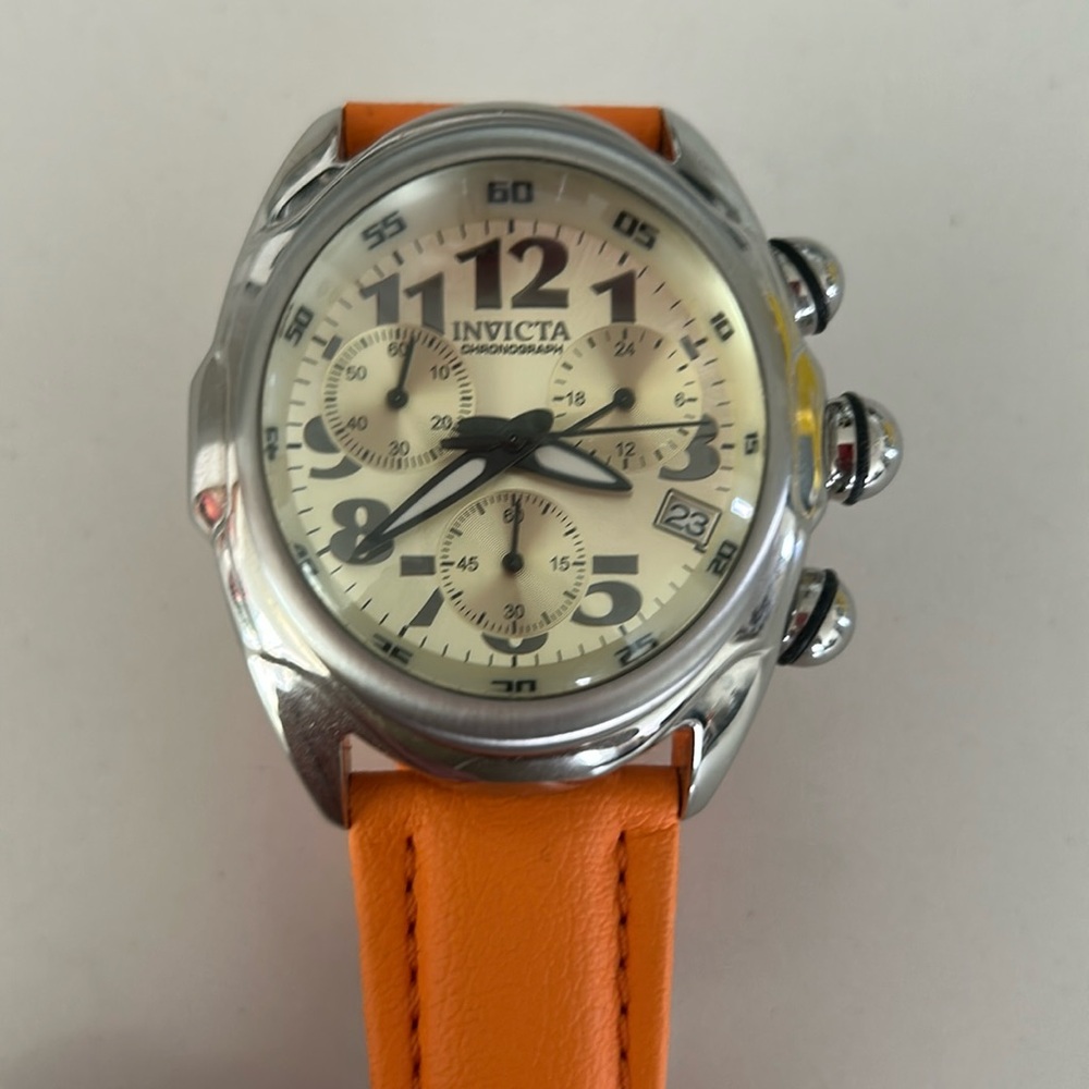 invicta men's lupah stainless steel quartz watch with polyurethane strap, orange